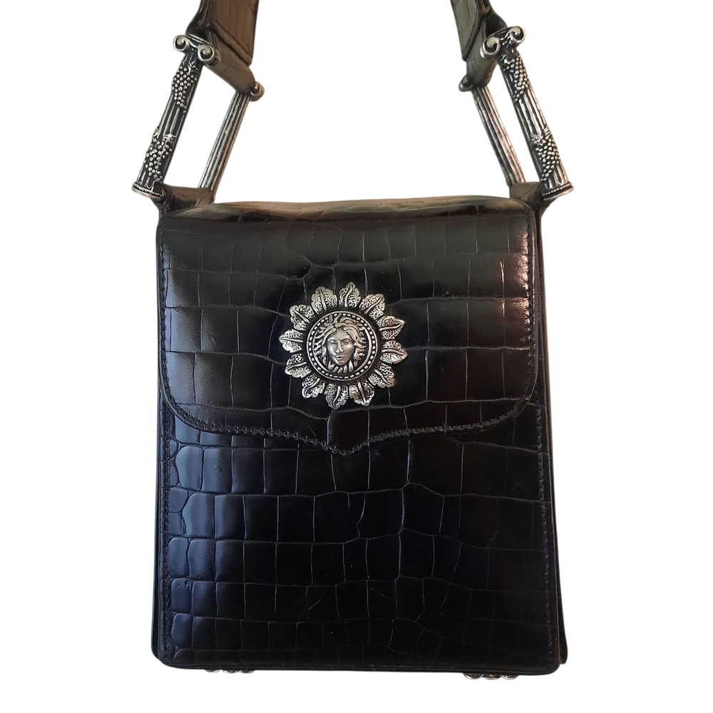 Vintage VICENZA Black Croc Embossed Leather Madusa Hardware Satchel Box Bag